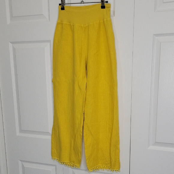 THREE DOTS Yellow Wide-Leg Pants with Pom-Pom Trim Size Small - Picture 1 of 9